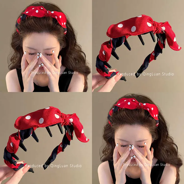 甜度波尔多~撞色纽结蝴蝶结发箍带齿时尚波点高颅顶头箍旅行发卡