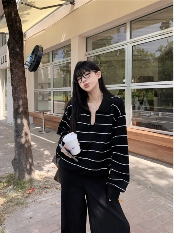 韩国简约条纹POLO领针织打底衫女秋季新款设计感显瘦百搭长袖毛衣