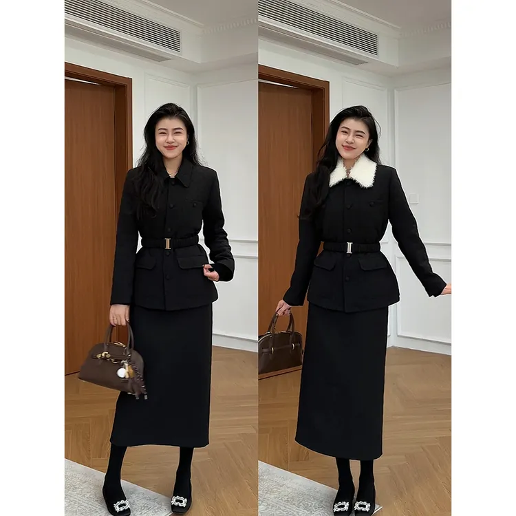 张阿星【冬日白月光】气质通勤菱格加绒保暖黑色收腰翻领上衣半裙 