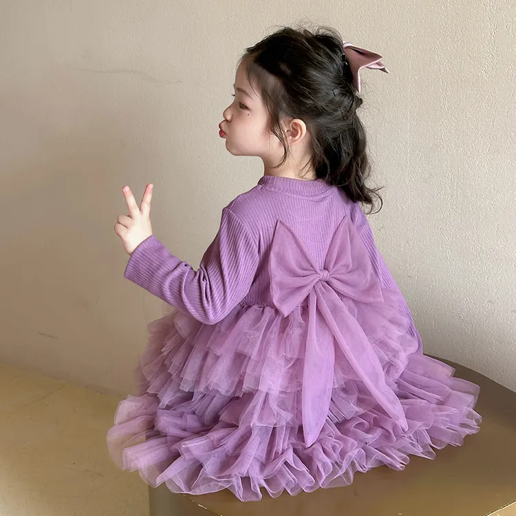 女童连衣裙春秋款2025新款儿童蝴蝶结蛋糕裙洋气女宝韩系公主裙子