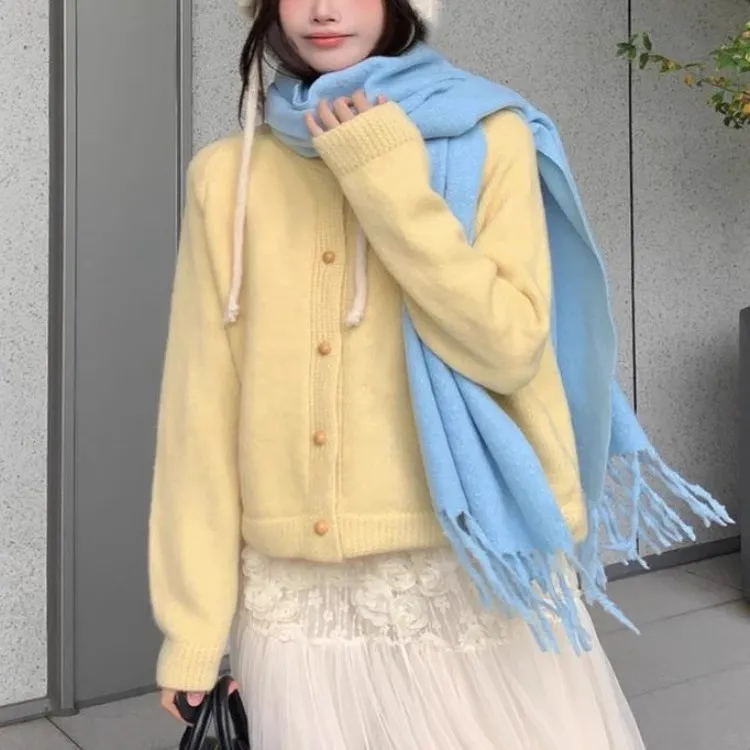 慵懒风蓝色针织开衫女2025春秋新款宽松显瘦短款毛衣外套百搭上衣