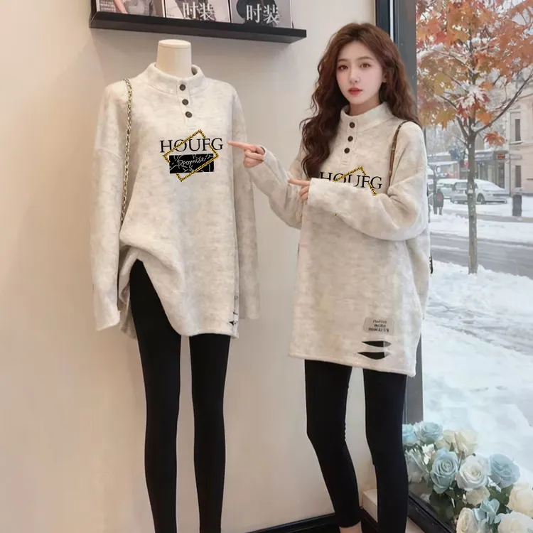 设计感破洞中长款宽松显瘦T恤女长袖保暖打底衫显瘦洋气上衣t恤衫