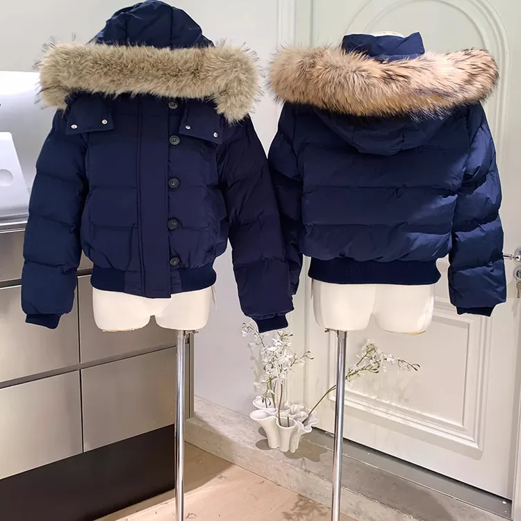 藏青大毛领棉服女短款新款冬季韩版显瘦设计感小个子棉袄加厚外套