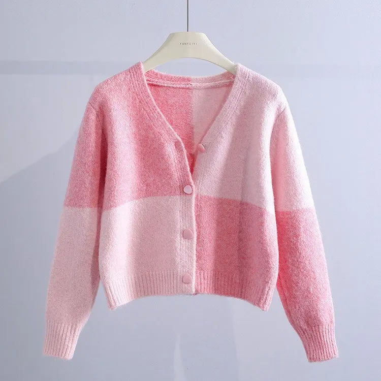 短款V领拼色毛衣外套女2025春秋新款日系宽松外穿小个子针织开衫
