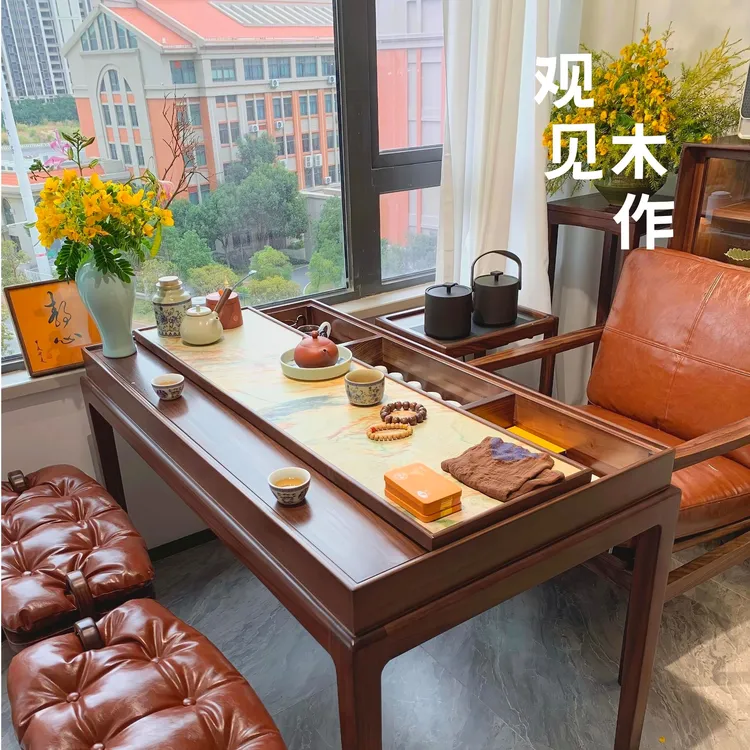 新山影纯实木阳台茶桌家用客厅茶桌椅组合收纳储物高端大气茶台