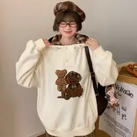 森女部落甜美可爱小熊刺绣撞色加绒连帽卫衣女2025新款宽松上衣秋