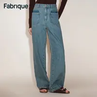 Fabrique Lia 秋冬新品复古蓝双色贴袋高腰休闲百搭弯刀牛仔裤