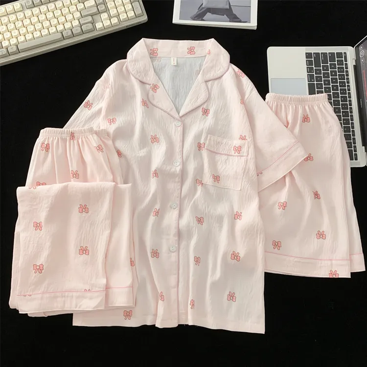 三件套日系可爱蝴蝶印花睡衣女夏季云朵棉短袖薄款少女套装家居服