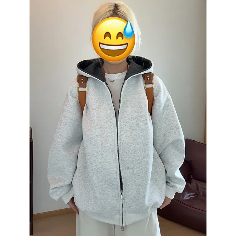 美式重磅拉链卫衣男款秋季美式廊形情侣连帽衫深灰色撞色休闲外套