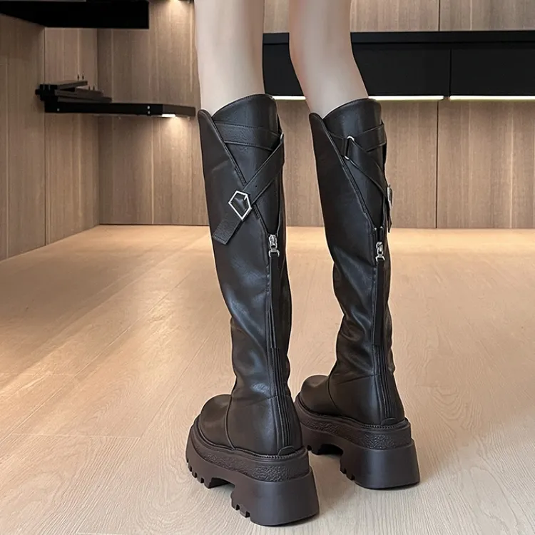 厚底增高长筒靴女2025新款早秋冬季显瘦不过膝骑士靴黑色高筒靴子