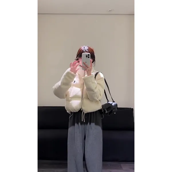 韩版时尚简约纯色立领刺绣短款棉服外套女秋冬百搭棉衣裤子套装