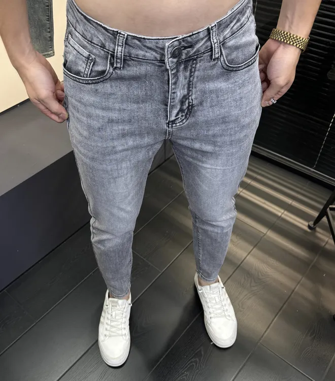 夏季薄款九分牛仔裤烟灰色时尚高弹力男士牛仔裤简约百搭修身6286