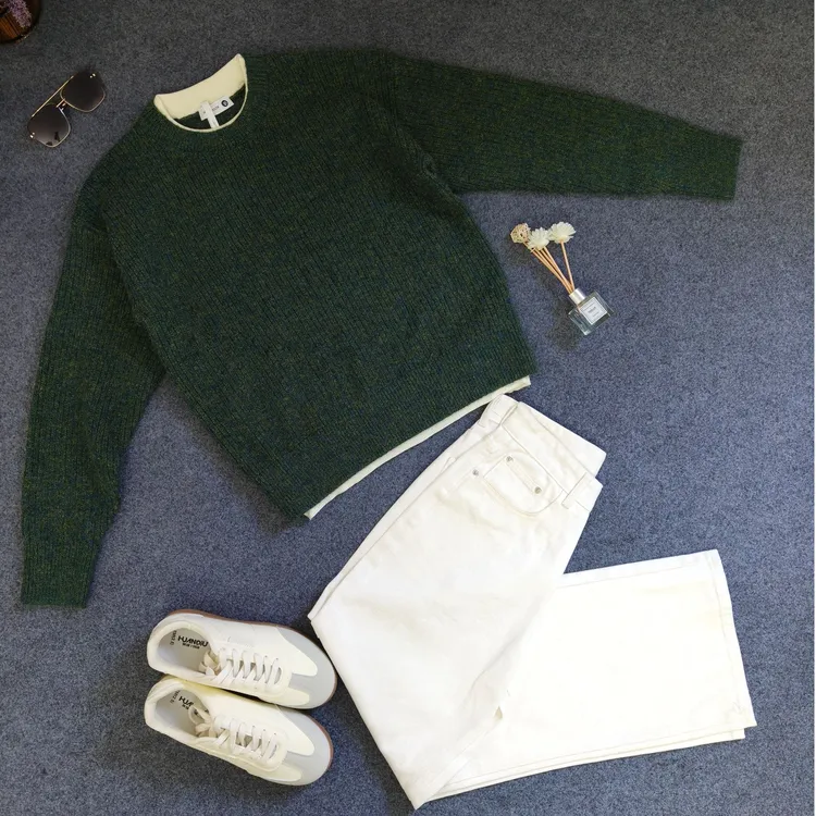 重磅彩丝弹力小众马海毛混色纱线假两件针织衫男冬毛茸软糯T恤