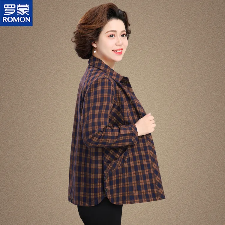 罗蒙妈妈秋装格子衬衫2025新款奶奶装上衣服中老年女春秋洋气外套