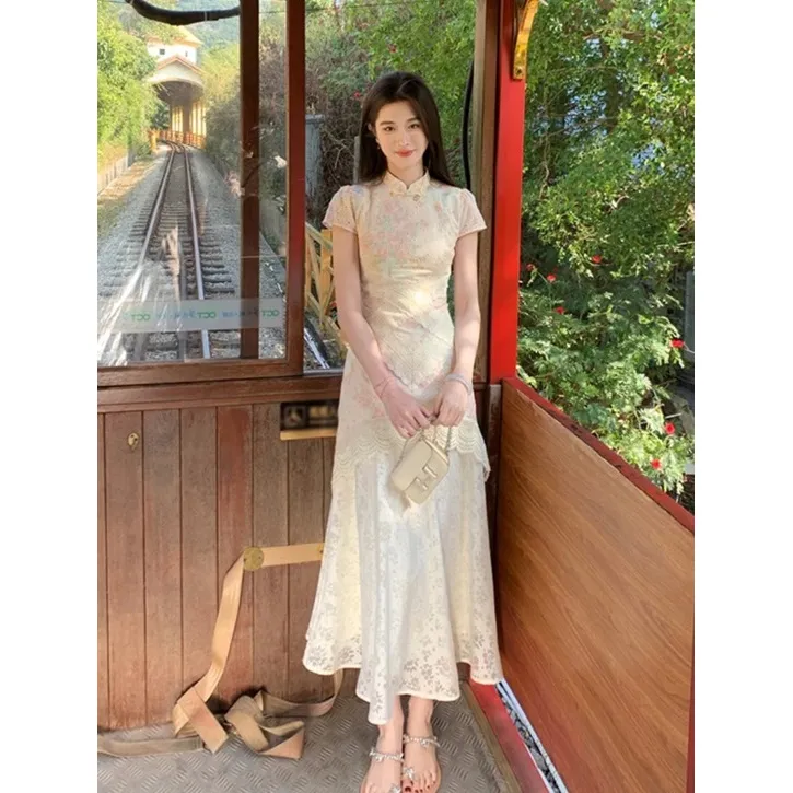 凌茜月华绣影新中式假两件印花改良春夏蕾丝拼接镂空裙
