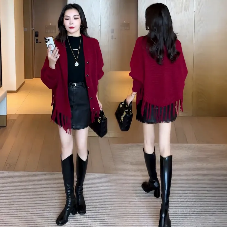 时尚针织开衫外套女今年秋冬新款洋气质宽松显瘦百搭流苏披肩上衣