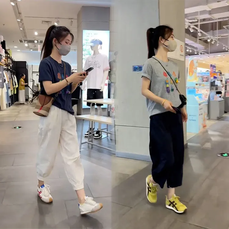 休闲风夏季超火一整套圆领立体装饰短袖T恤休闲九分裤百搭两件套