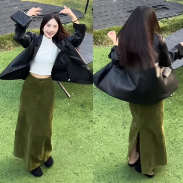 【三件套】2026早春流行新款皮衣外套+内搭打底衫+高腰显瘦半身裙女