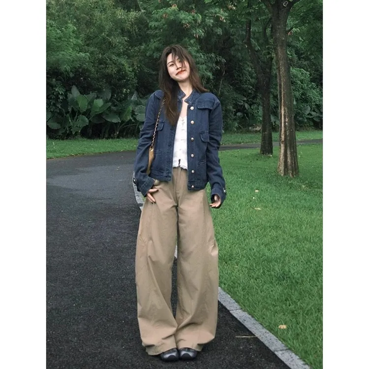 蓝色牛仔外套女短款2025年秋季新款休闲高级感老钱风立领夹克上衣