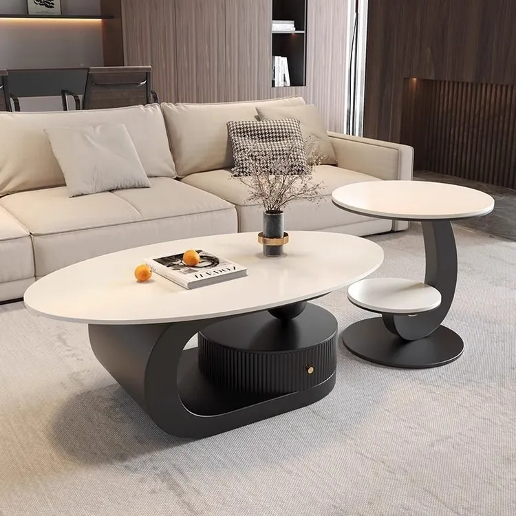 意式轻奢岩板椭圆形茶几桌小户型现代简约极简客厅家用高级感设计