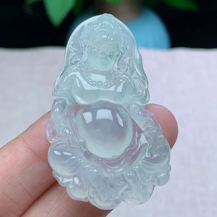 y缅甸天然翡翠A货49.5-30.7-6玉石老坑冰种白冰黄财神吊坠冰透