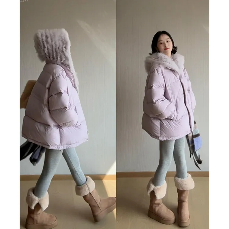 parkyeon冬季新款紫色连帽加厚长款棉服女小个子加厚面包服外套