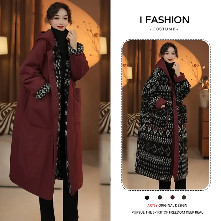 费尔岛复古过膝长款棉服女2025年冬季新款休闲百搭双面穿保暖外套