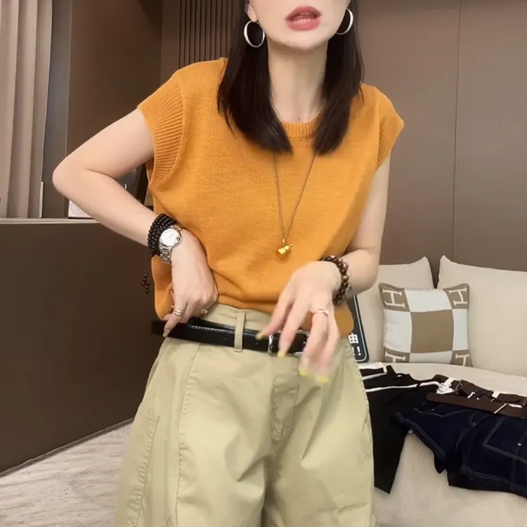 美式时尚高级感纯色圆领针织衫女夏季2025新款小个子通勤减龄上衣