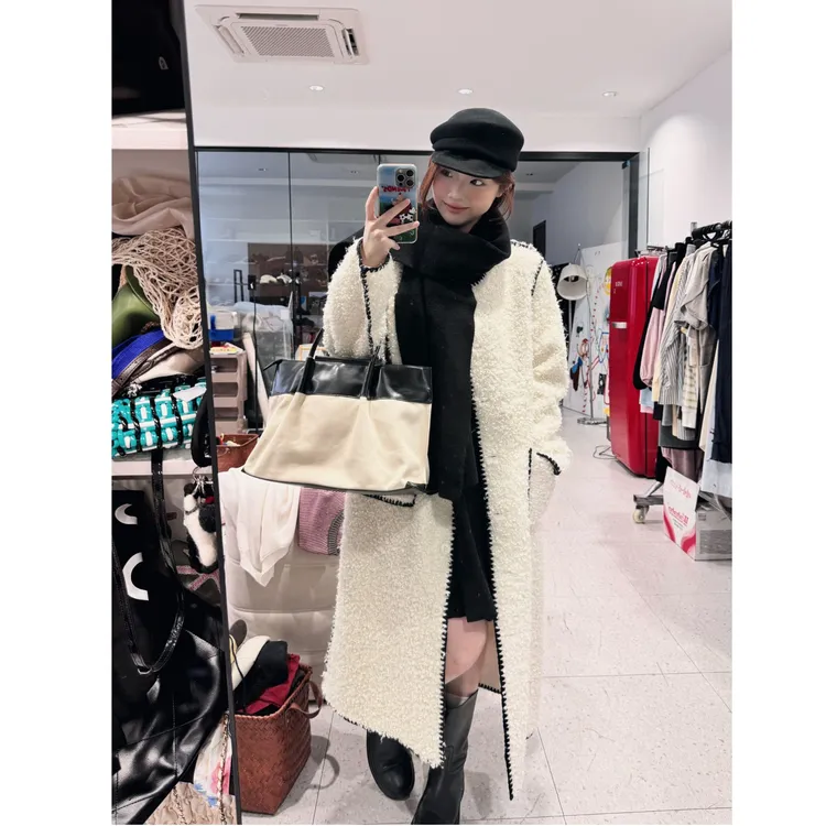 晶咕【墨尔本街区】撞色包边小香风圆领圈圈毛长短外套时尚