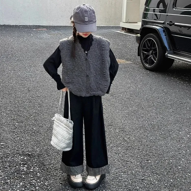 （简）女童春秋针织毛衣马甲套装新款中大童秋装韩版牛仔格子阔腿裤