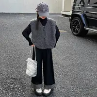 女童春秋针织毛衣马甲套装新款中大童春装韩版时髦牛仔格子阔腿裤