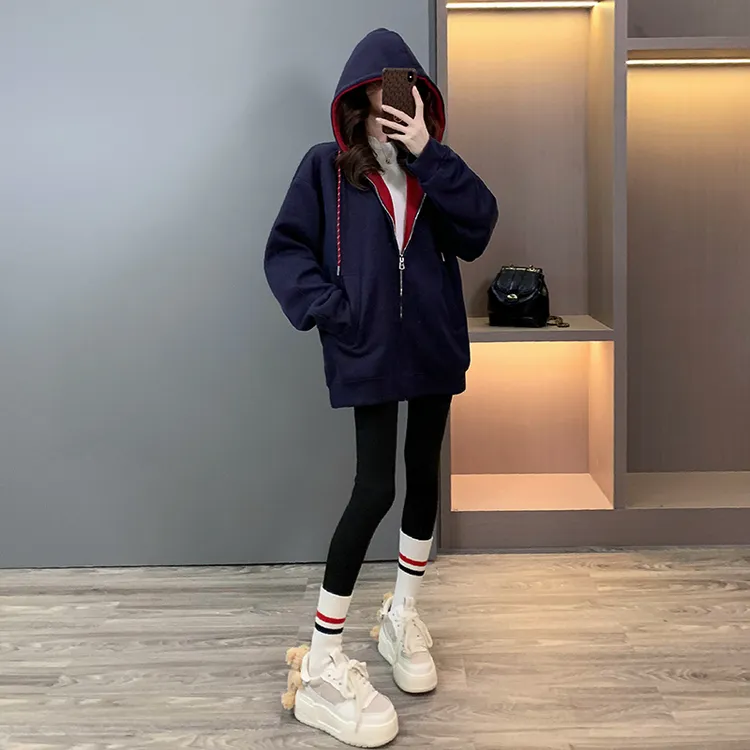 韩系连帽长袖撞色卫衣女2025秋季新款宽松显瘦设计感拉链外套上衣