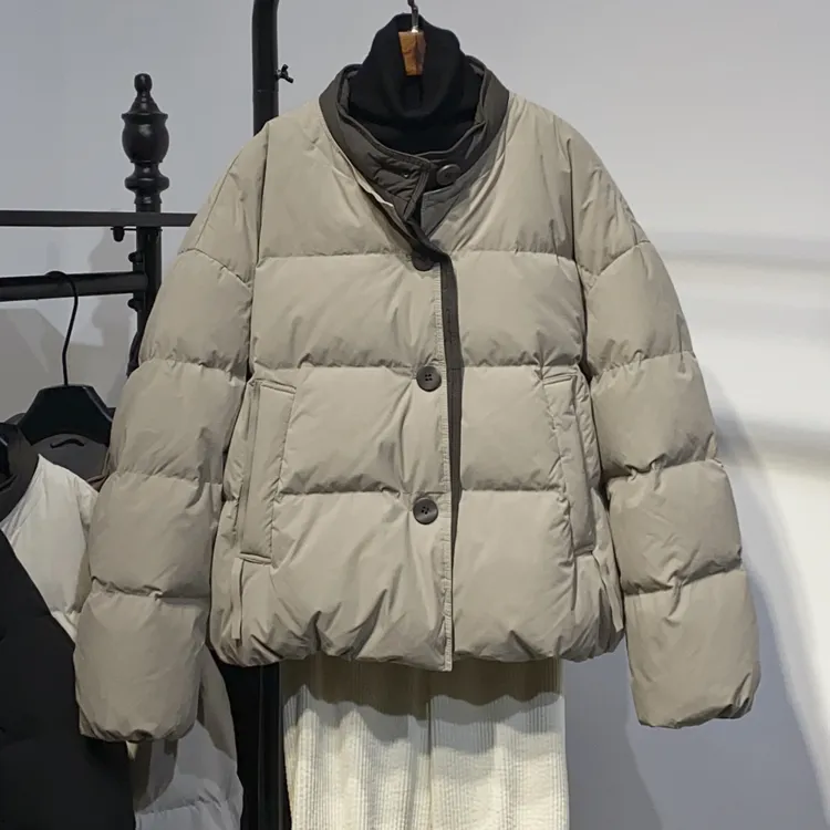 2025新款冬季时尚撞色立领加厚小个子棉服高级感宽松保暖外套女装