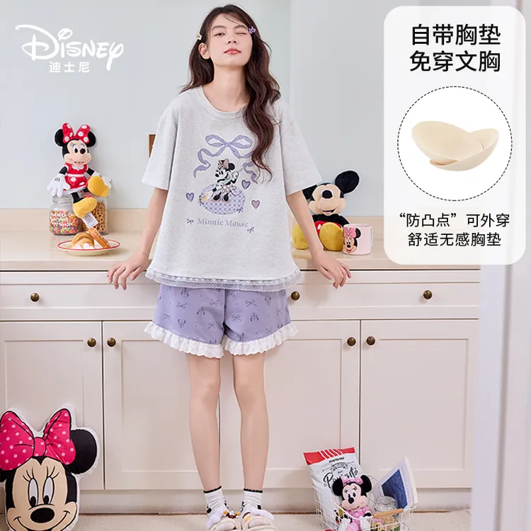 Disney/迪士尼夏季新款短袖短裤纯棉带胸垫卡通舒适家居服0271