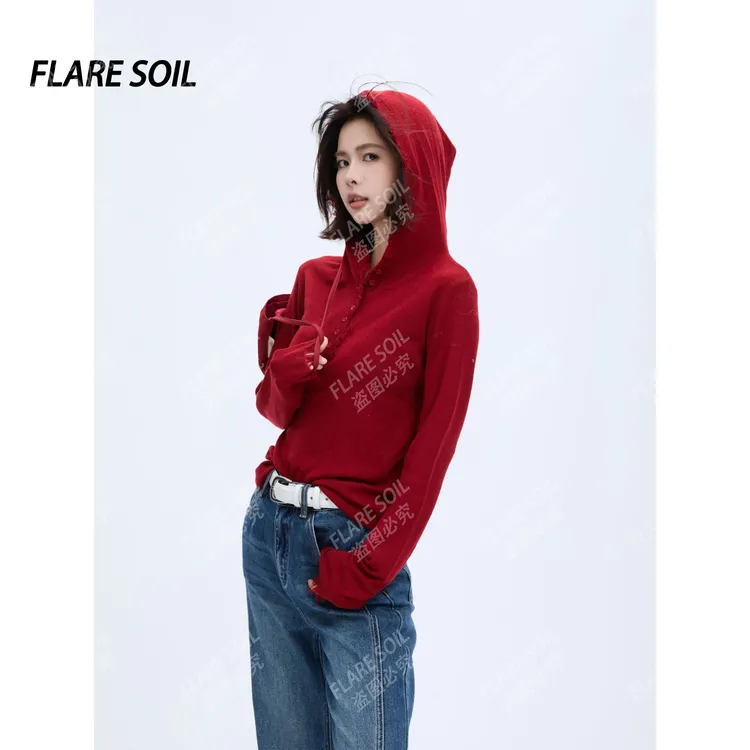 【FLARE SOIL】秋冬流苏连帽长袖卫衣纽扣设计流苏手袖帽衫 T4559A