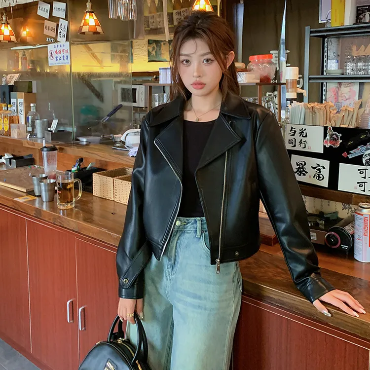棕色PU皮衣外套女春秋2024新款宽松港风小个子短款夹克机车服上衣