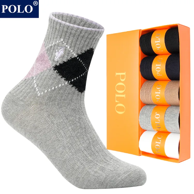 POLO袜子女纯棉中筒袜秋冬款中厚款防臭吸汗休闲无骨菱形格棉袜