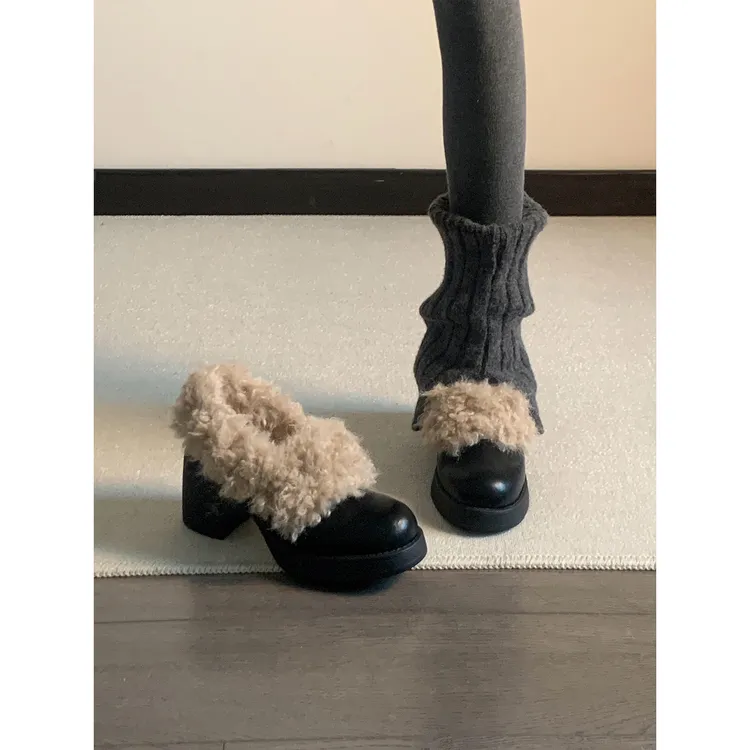 7.5cm高跟毛毛鞋加绒保暖玛丽珍小皮鞋一脚蹬单鞋冬季保暖女鞋