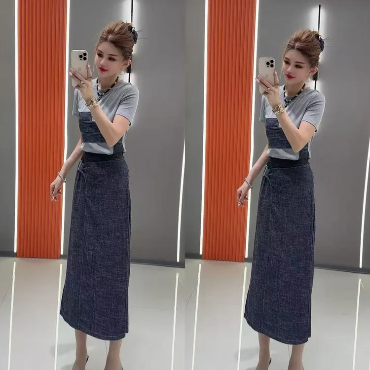 最新款0131 气质休闲不规则拼接短袖上衣 加 长裤裙 两件套