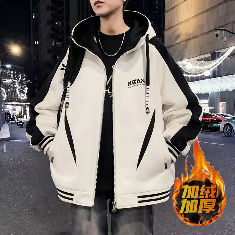 秋冬季加绒连帽棒球服外套男港风休闲加肥加大码宽松百搭加厚夹克