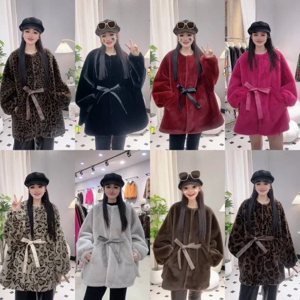 【薇薇家 实体版本】冬季时尚百搭网红走秀豹纹毛毛女士短外套32045