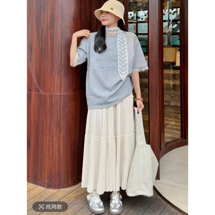 新款T恤加气质竖纹半身裙子时尚百搭女装高腰显瘦长款a字裙两件套