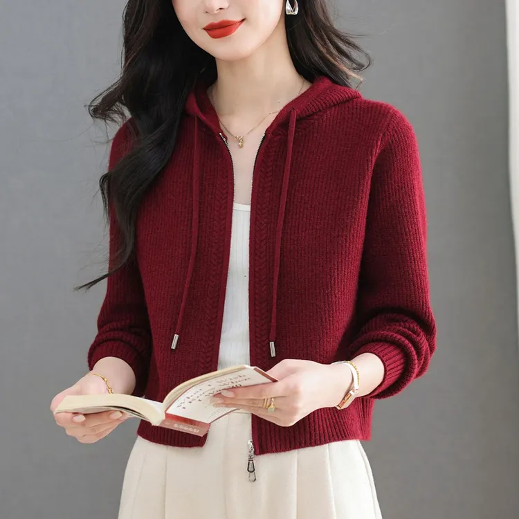 纯100羊毛衫春秋新款女短款小个子连帽针织开衫外套洋气外搭毛衣