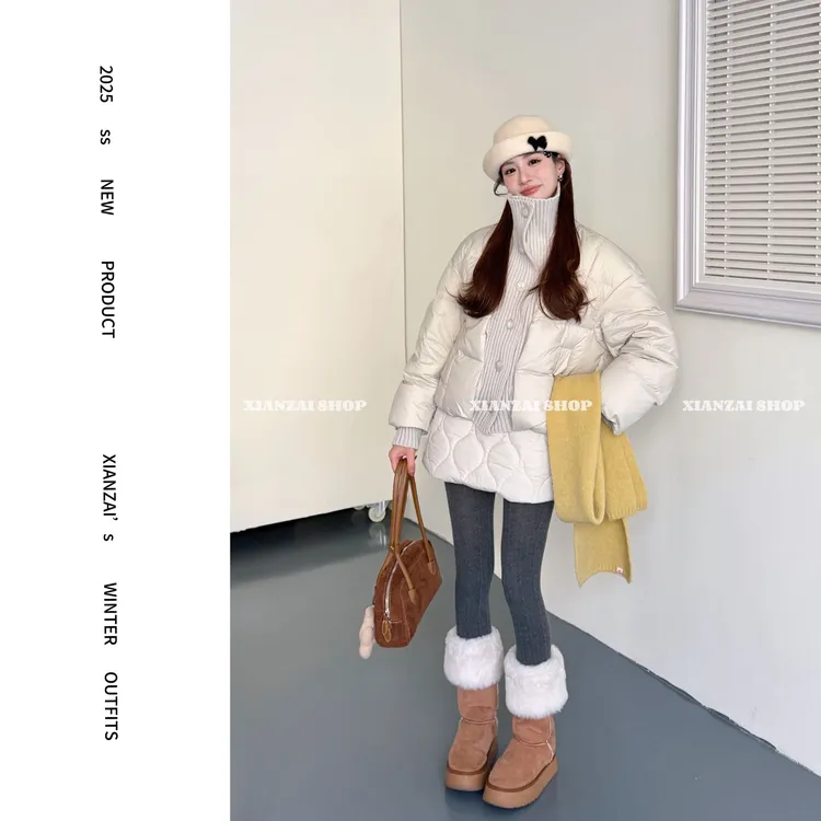 XIANZAI【奶油泡芙】冬季新款针织拼接方格保暖羽绒服短裙两件套装