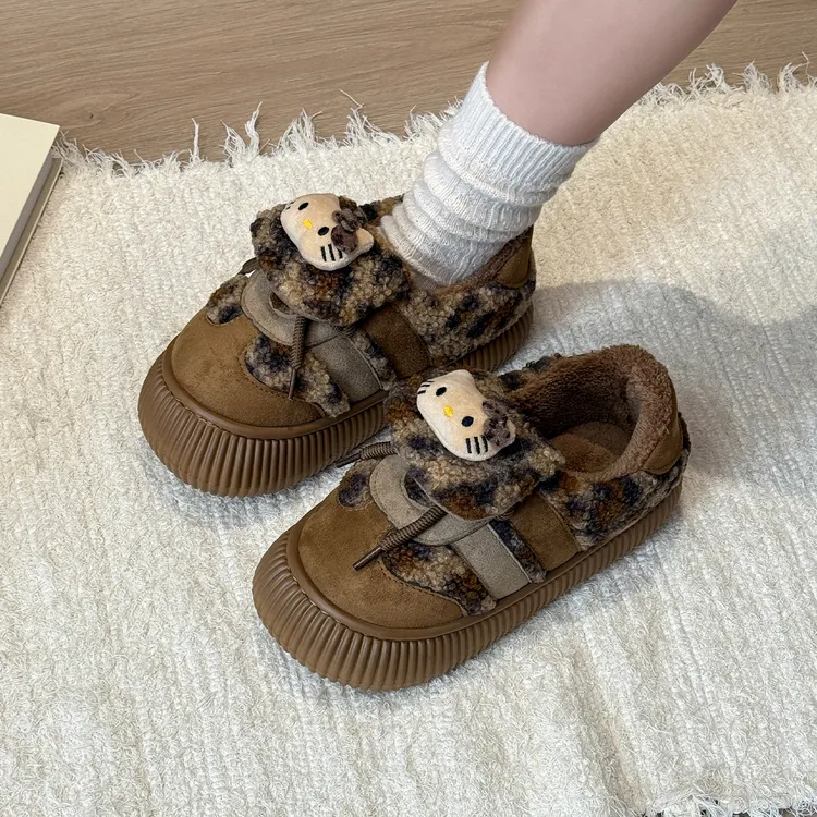 豹纹KT面包鞋包跟保暖防滑厚底棉鞋加绒女冬季外穿可爱猫咪居家