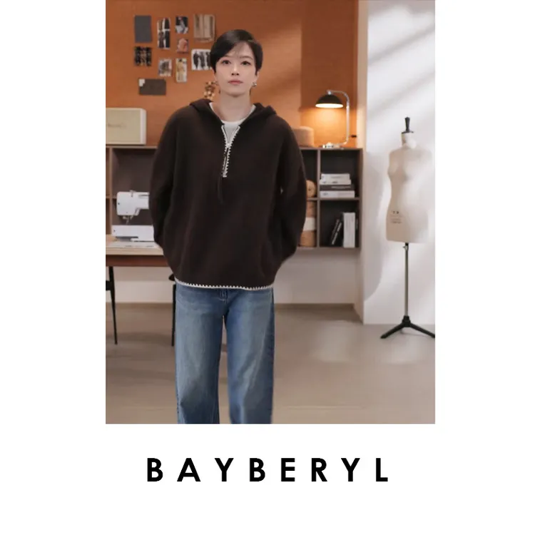 BAYBERYL老贝可可*牦牛半拉链拼色连帽百搭针织衫ZZS5H2804-9/28