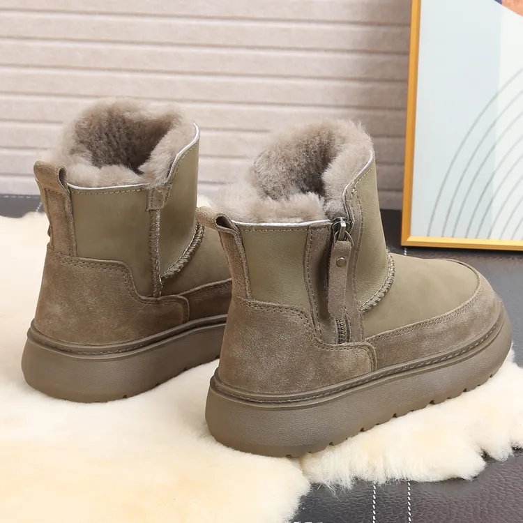 拉链牛皮纯羊毛防滑厚底雪地靴女皮毛一体保暖棉鞋短筒2025新款冬