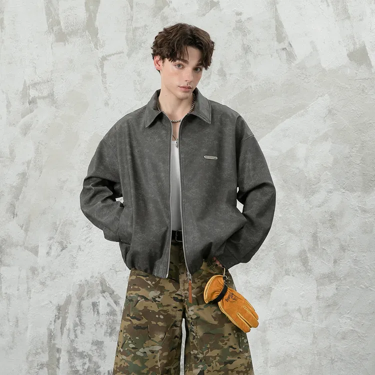 MONOLOGE外套男春秋潮牌美式宽松学院风痞帅翻领皮夹克机车上衣