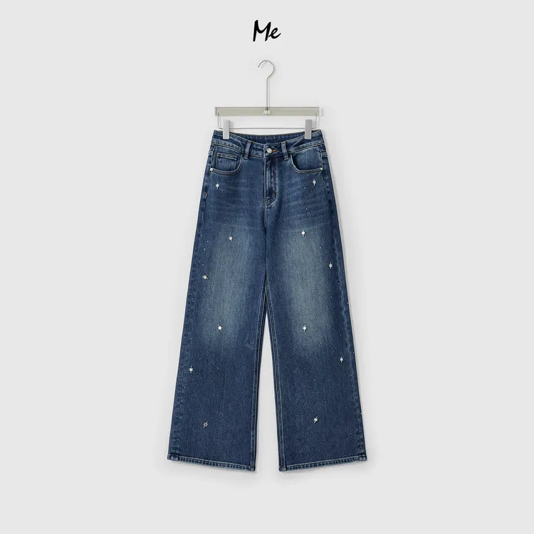 ME【星辰直筒裤（弹力加绒）】重工烫钻高腰显瘦水洗牛仔裤MESA6383