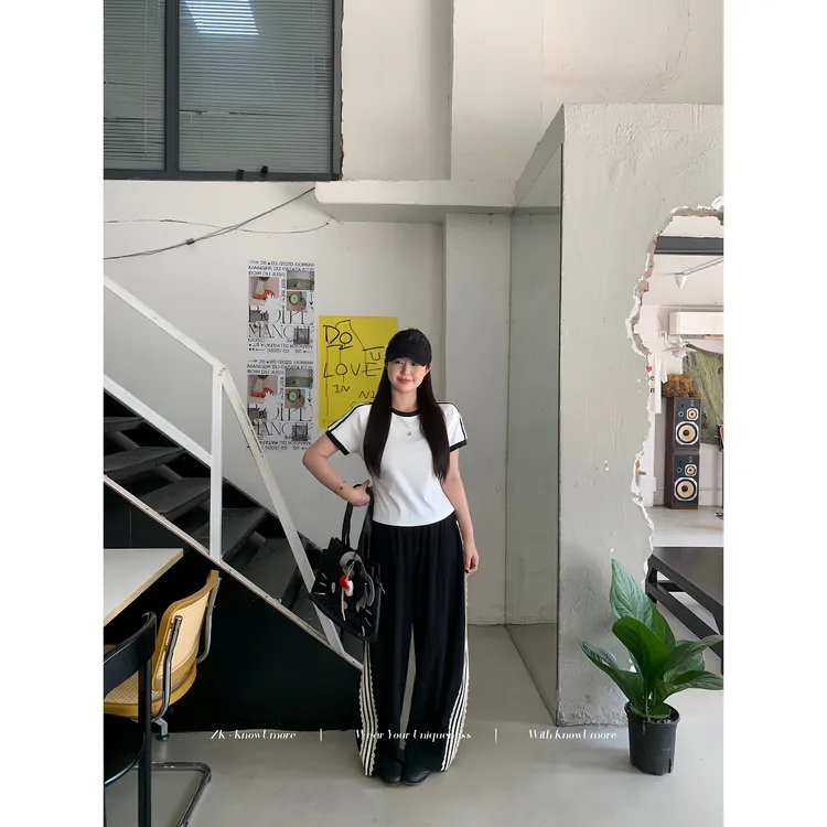知葵微胖定制【慵懒夏日】夏季高腰宽松美式条纹运动裤12251XXK5414